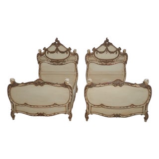 Pair Antique French Painted Mahogany Twin Beds W. Cherubs For Sale