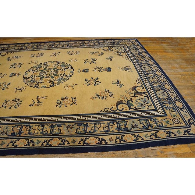 1920s Beige Floral Classic Greek Key Deco Antique Chinese Peking Knotted Rug For Sale In New York - Image 6 of 10