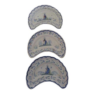 Henriot Quimper Faience Cresent Salad Plates c 1920 - Set of 3 For Sale