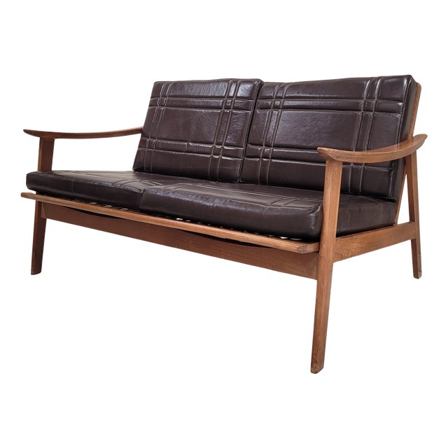 Mid-Century Modern Scandinavian Sofa in Beech Wood and Leather, 1970s For Sale