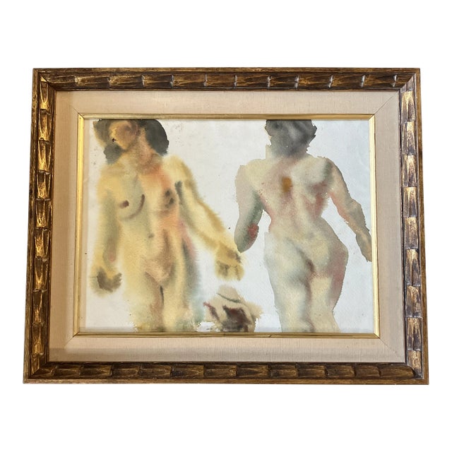 1970’s Female Nude Watercolor Abstract Study Painting Vintage Frame For Sale