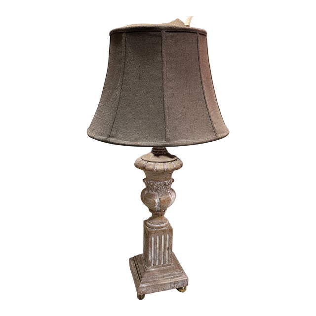 1970s Wooden Hand Carved Rustic Style Lamp With Shade For Sale