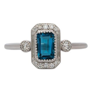 London Blue Topaz Ring With Earth Mined Diamond Accents: Solid 14k Gold, Size 6.75 For Sale