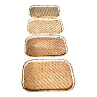 Vintage Boho Woven Rattan and Bamboo Stackable Trays- Set of 4 For Sale