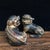 Early 20th Century Pair of Antique Gilt Bronze Guardian Lions – 4.3" Foo Dogs With Stone Inlay For Sale - Image 5 of 8
