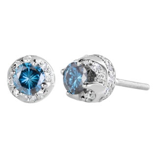 14K White Gold 1.00 Cttw Treated Blue and White Diamond Hidden Halo Stud Earrings (Blue/I-J Color, I2-I3 Clarity) For Sale