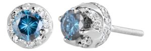 14K White Gold 1.00 Cttw Treated Blue and White Diamond Hidden Halo Stud Earrings (Blue/I-J Color, I2-I3 Clarity)