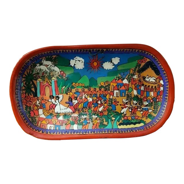 Vintage Oval Shaped Clay Wall Hanging Hand Painted Folk Art For Sale