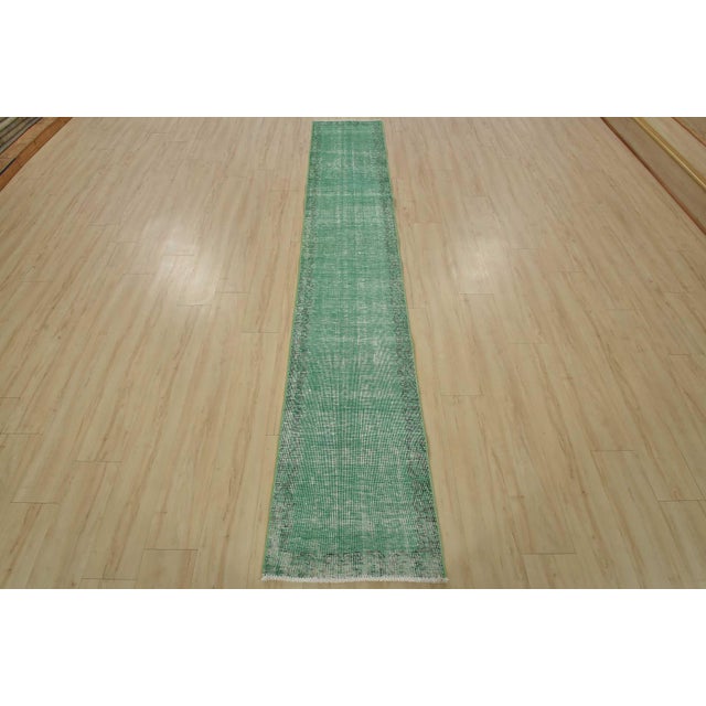 Farmhouse Tabriz Runner 1’11” X 10’9” Green Wool Vintage Overdyed Hand-Knotted Rug For Sale - Image 3 of 12
