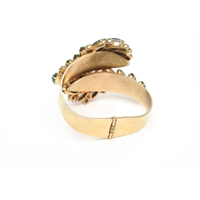 Gold Mid-Century Modern Alice Caviness Auroro Borealis Crystals and Gold Tone Clamp Bracelet 50's Turquoise, Green, For Sale - Image 8 of 9