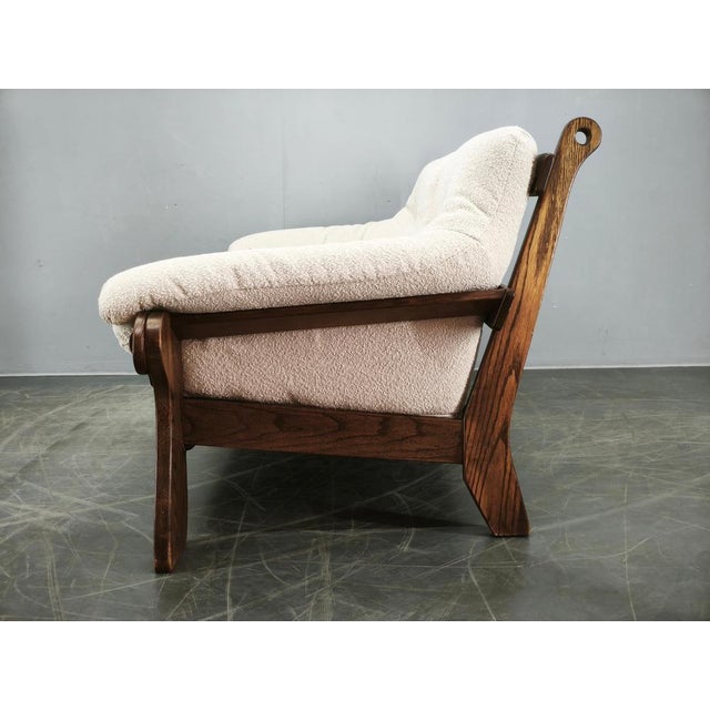 Brutalist Oak and Bouclé 3-Seater Sofa, Former Czechoslovakia, 1970s For Sale - Image 9 of 17