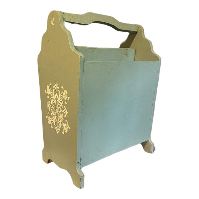Mid 20th Century Vintage Shabby Chic Mid Century Hand Crafted Wood Magazine Rack in French Blue For Sale