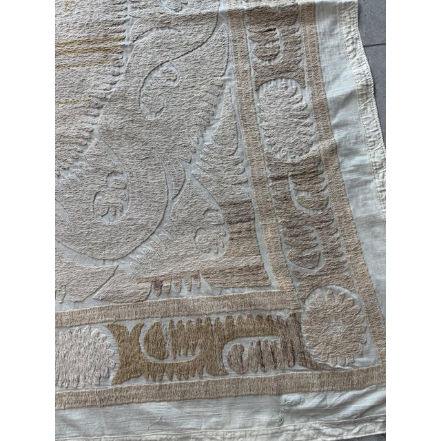 Mid-Century Modern Vintage Hand-Embroidered Neutral Tan Suzani From Bukhara 4'9'' X 4'10'' For Sale - Image 3 of 8