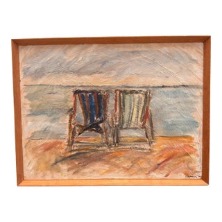 1990s Colorful Coastal Style Oil Painting With Two Striped Deck Chairs - Signed For Sale