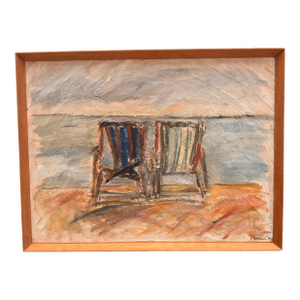 1990s Colorful Coastal Style Oil Painting With Two Striped Deck Chairs - Signed