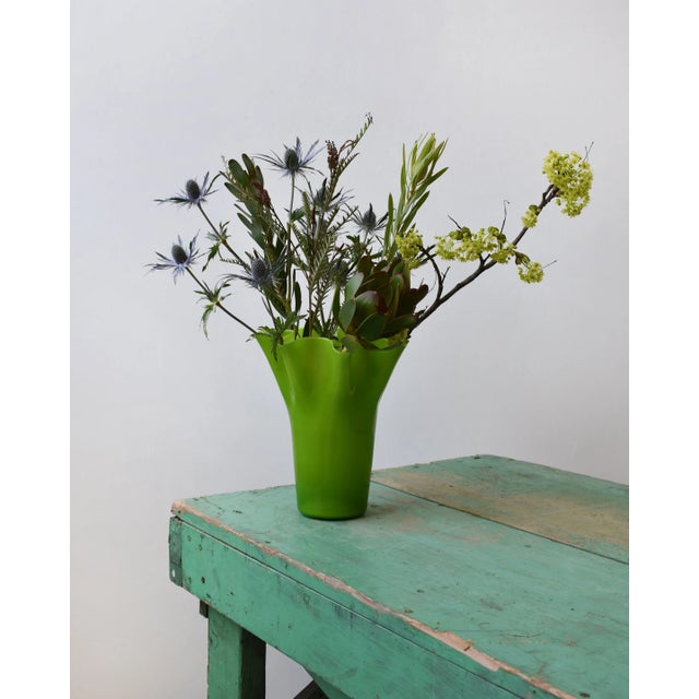 Vintage Lime Green Handblown Glass Undulating Vessel, Circa 1960s. Bold, lime green blown glass vase with a flared,...