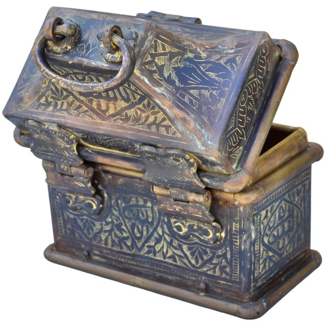 Metal Mid 20th Century Hand-Engraved Calligraphy-Patterned Brass Keepsake W/ Handle For Sale - Image 7 of 13