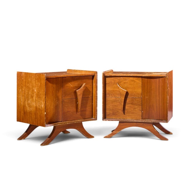 Vladimir Kagan Style Mid Century Sculptural Walnut Nightstands - Pair Each nightstand measures: 23.75 wide x 17 deep x...