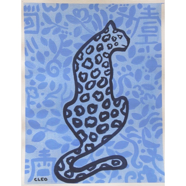 Chinoiserie Leopard Blue With Botanical Minmalist Chinoiserie Expressionist Original Painting by Cleo Plowden For Sale - Image 3 of 3