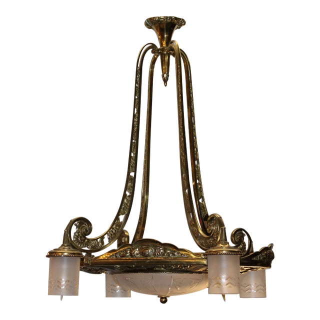 Antique Art Deco - Neoclassical Brass Chandelier For Sale
