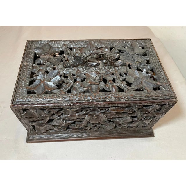 Antique Hand Carved German Black Forest Wood Reticulated Floral Dresser Box For Sale - Image 4 of 17
