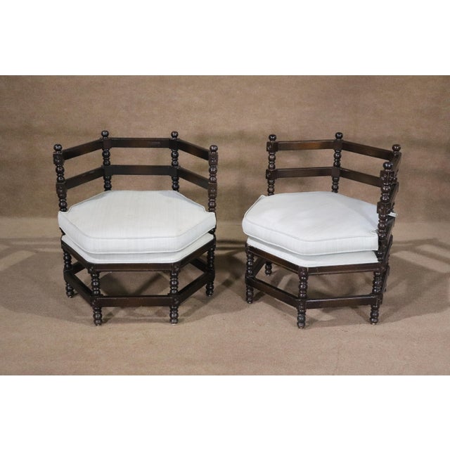 Unique pair of vintage turned hexagonal chairs with sculpted wood frames.