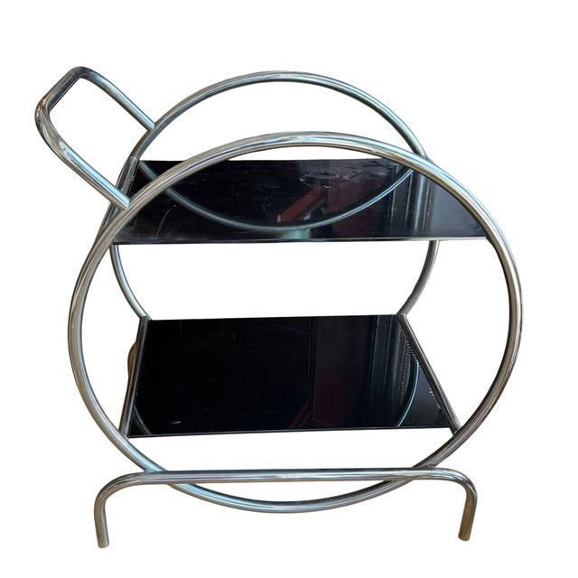 Antique Art Deco Streamline Chrome Hoop & Black Glass Side Table For Sale - Image 4 of 5