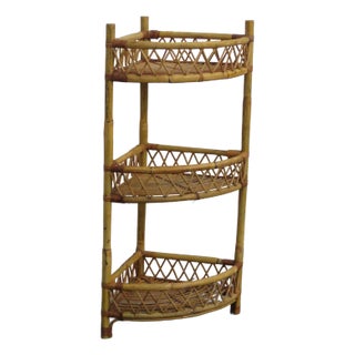 Hollywood Regency Bamboo Rattan 3 Tiers Corner Shelving Basket Storage 5820 For Sale