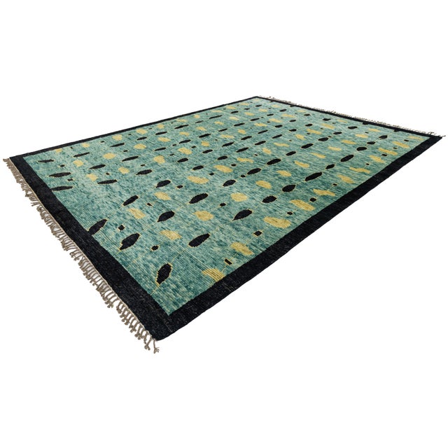 2010s Azure Rain Modern Abstract Teal & Gold Moroccan Style Wool Rug 10x14 For Sale - Image 5 of 12