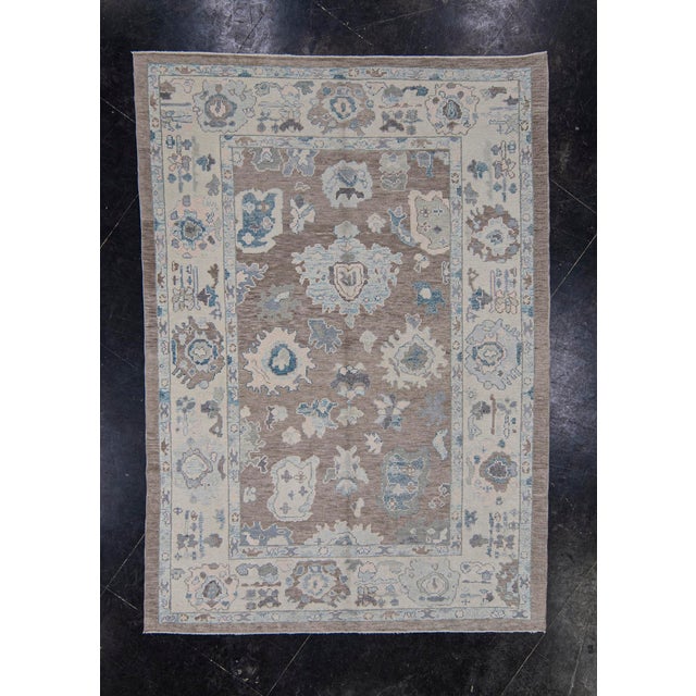 Turkish Oushak Rug Gray & Blue Handwoven Wool Rug 6'2" X 8'8" For Sale - Image 9 of 9