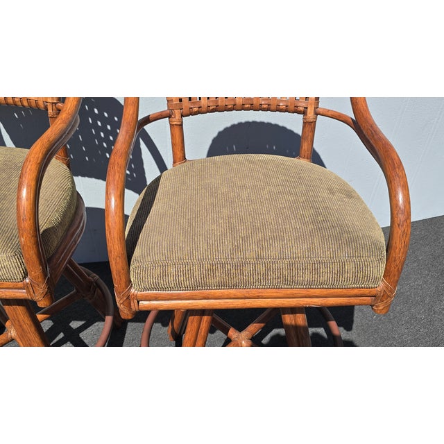 Pair of Vintage McGuire Bamboo Woven Leather Swivel Bar Stools Barstool For Sale - Image 9 of 15