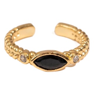 Black Onyx Teardrop Gemstone Adjustable Gold Ring, Size 4 For Sale