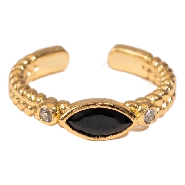 Black Onyx Teardrop Gemstone Adjustable Gold Ring, Size 4 For Sale
