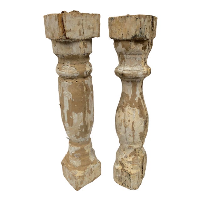 1920s French Wood Chippy Paint Balusters - a Pair For Sale