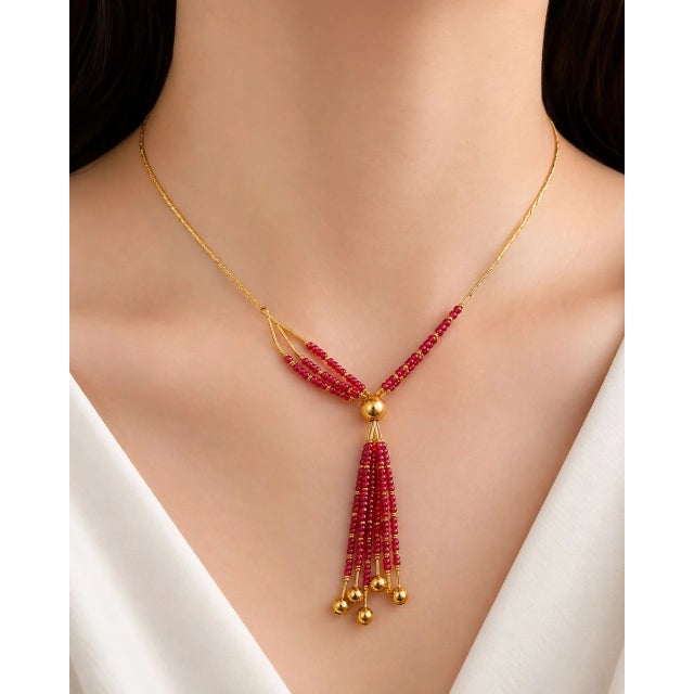 Boho Chic 14K Yellow Gold Ruby Bead Drop Necklace For Sale - Image 3 of 3