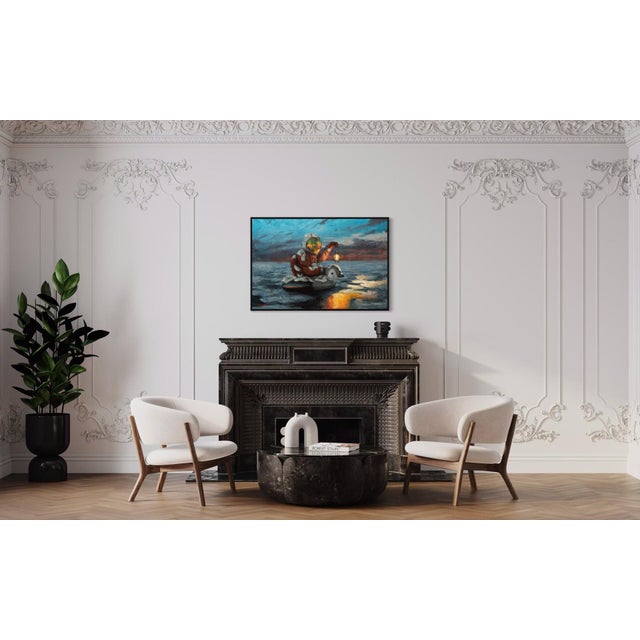 Contemporary Plan Ahead, Winter Is Coming by Andreas Claussen | Oil on Canvas Astronaut in winter gear on a duck float. For Sale - Image 3 of 5