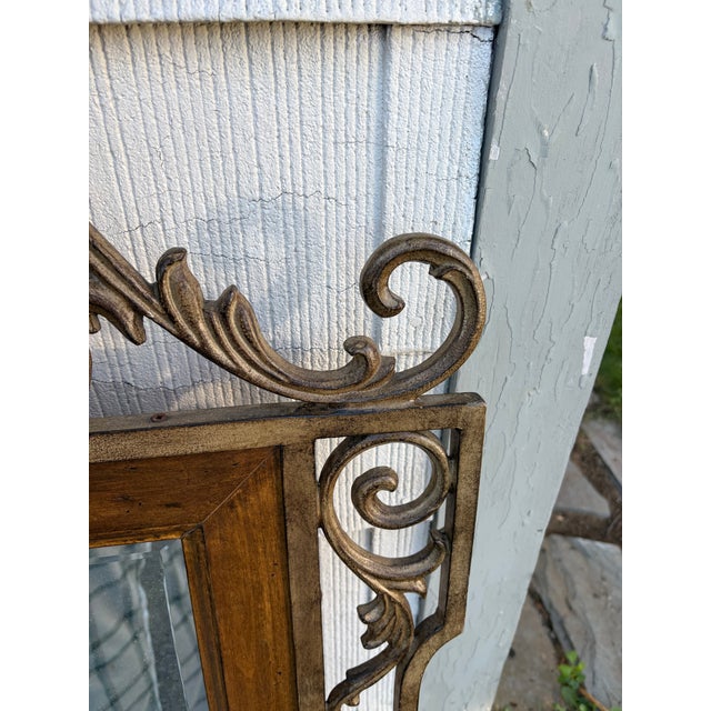Mediterranean Large Vintage Mediterranean Beveled Wood & Gilt Metal Scrollwork Mirror For Sale - Image 3 of 17