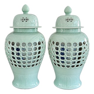 Late 20th Century Pair of Celadon Pierced Ginger Jars With Finial Lids For Sale