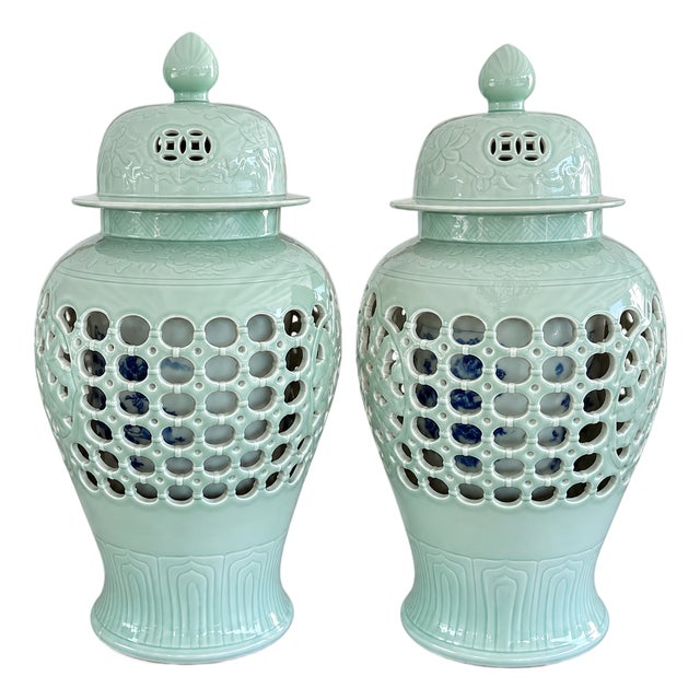 Late 20th Century Pair of Celadon Pierced Ginger Jars With Finial Lids For Sale