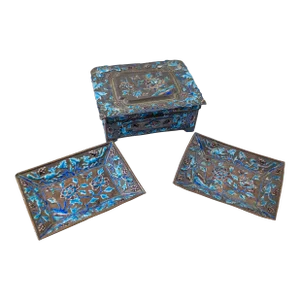 1920's Chinese Silverplate and Enamel Box and Tray Set
