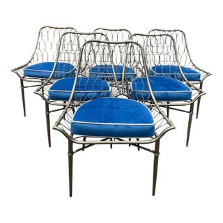 Arman Metal Cage Chair With Custom Blue Felt Cushions Set of 6 For Sale