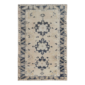Vintage Hand Knotted Turkish Oushak With Medallion Design in Cream and Blue 6'8'' X 10'1''