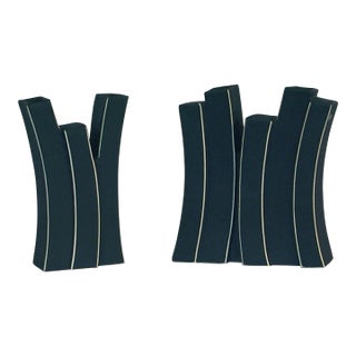 Set of Two Vintage 1970s Black & White French Vases for Ikebana For Sale