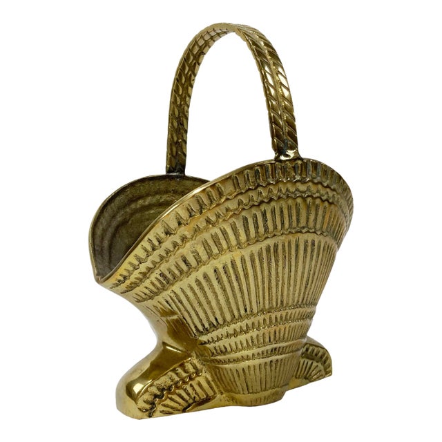Vintage Brass Clamshell Basket Planter With Handle For Sale