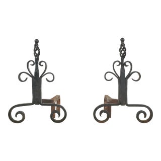 Pair of Antique French Wrought Iron Andirons For Sale