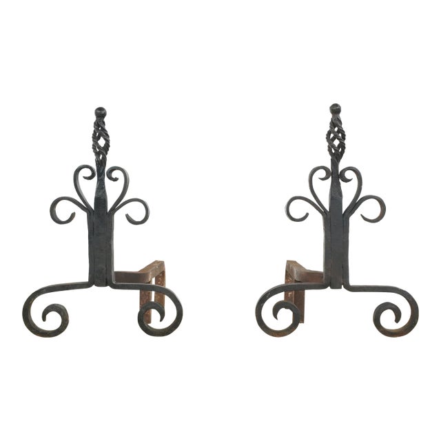 Pair of Antique French Wrought Iron Andirons For Sale