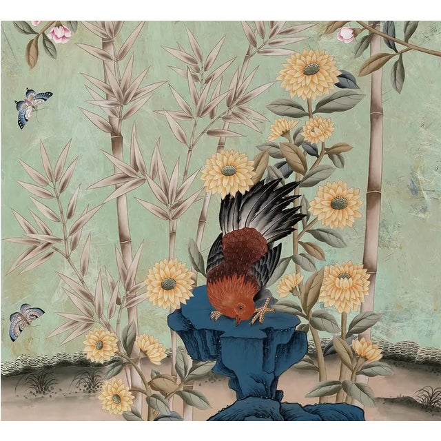 Chinoiserie 22" *44"/Panel, Chinoiserie Mint Green Pheasant Floral 2-Panel Wallpaper Panels, No Frame, Tea Paper For Sale - Image 3 of 6