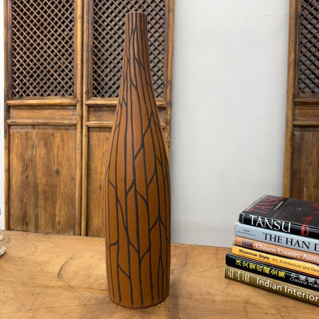 Tall Sand Brown Orange Prem Vase with Black Crackle Design For Sale - Image 4 of 7