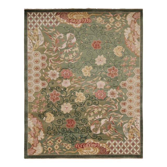 Green 2010s Rug & Kilim’s Chinese Style Art Deco Rug in Green With Red & Gold Florals For Sale - Image 8 of 8