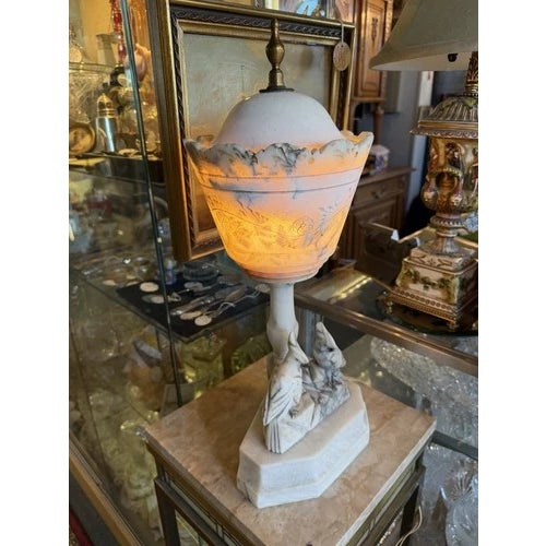 Late 19th Century Victorian Hand Carved Alabaster Table Lamb With Bird Motif For Sale - Image 11 of 12